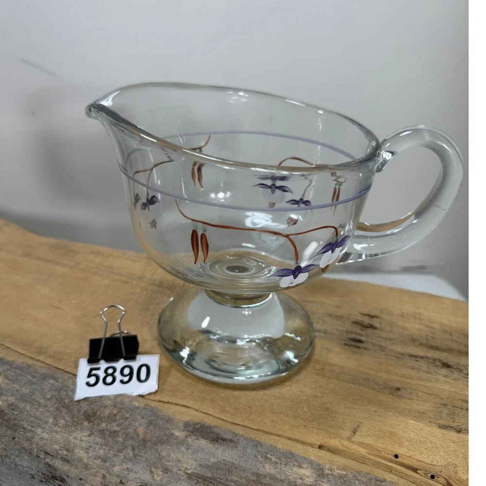 Vintage Hand Painted‎ Fuchsia Floral Glass Gravy Boat Footed Pitcher Cottagecore